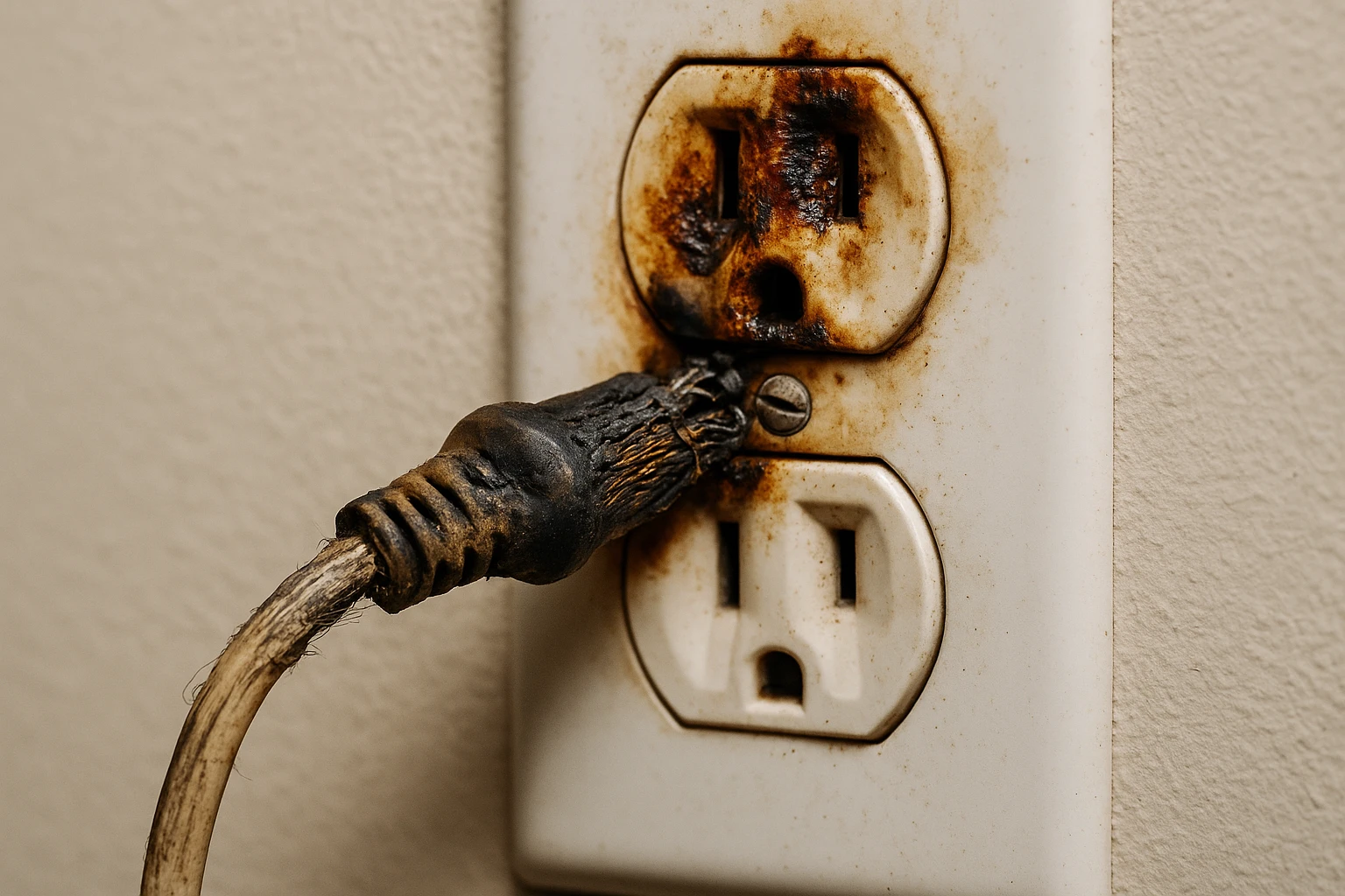 A scorched electrical outlet, a warning sign of an appliance fire hazard.