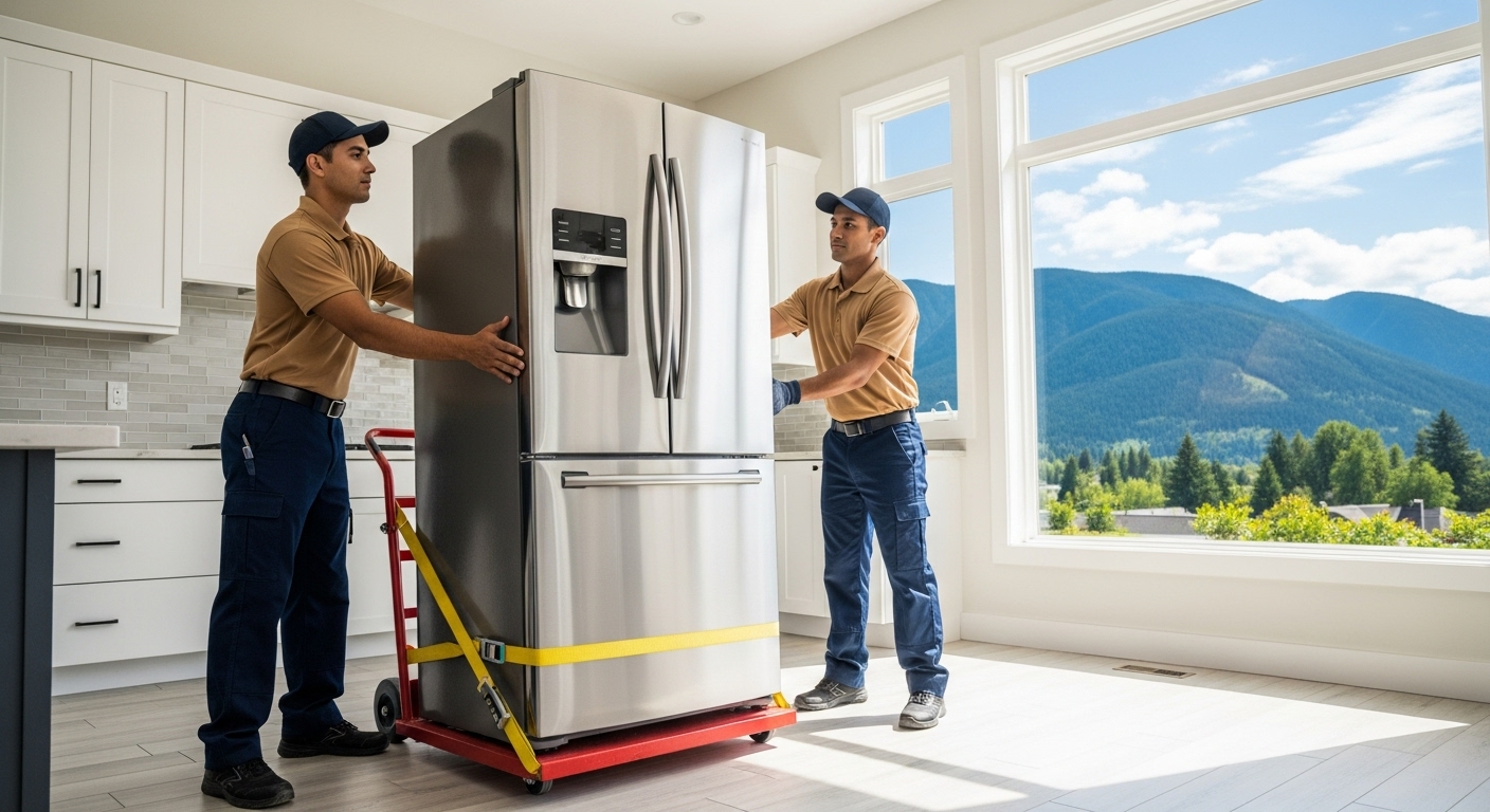 Professional appliance movers in Chilliwack moving a refrigerator