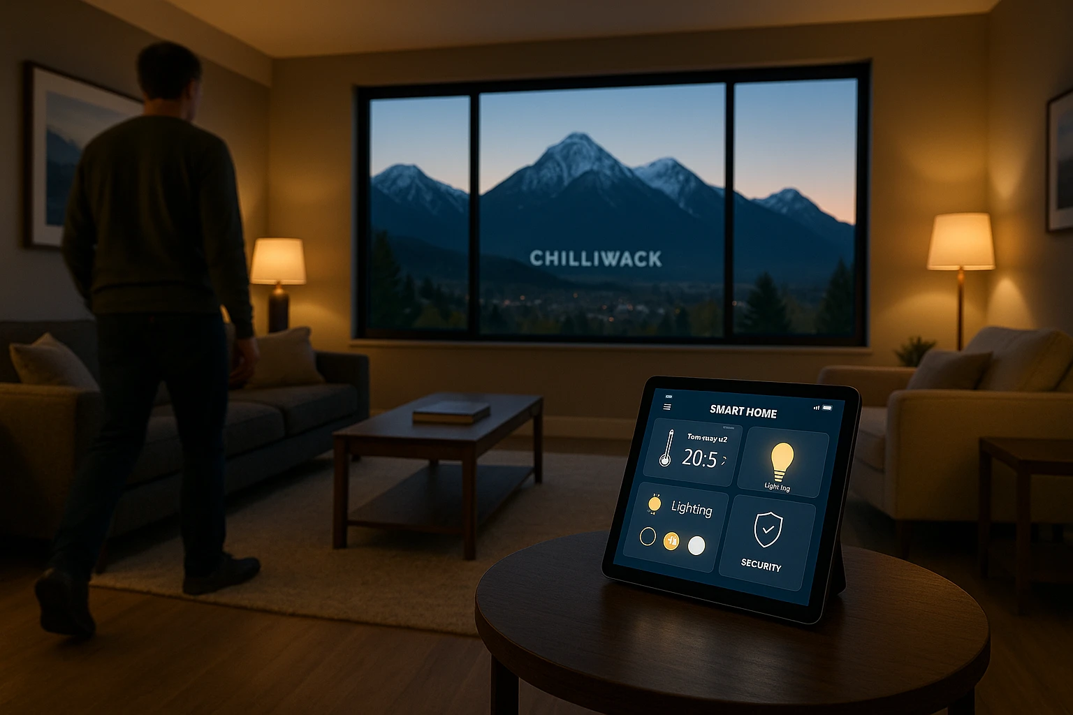 A person relaxing in their living room, demonstrating the convenience of Chilliwack smart home automation controlled from a tablet.
