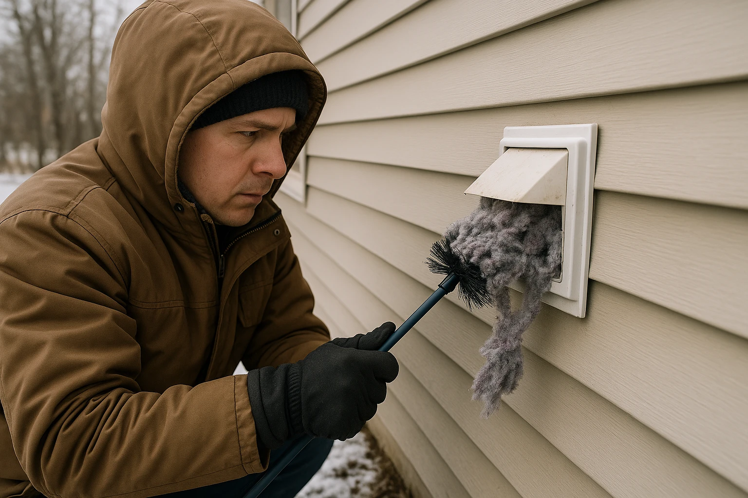 Cleaning out a clogged exterior dryer vent before winter.