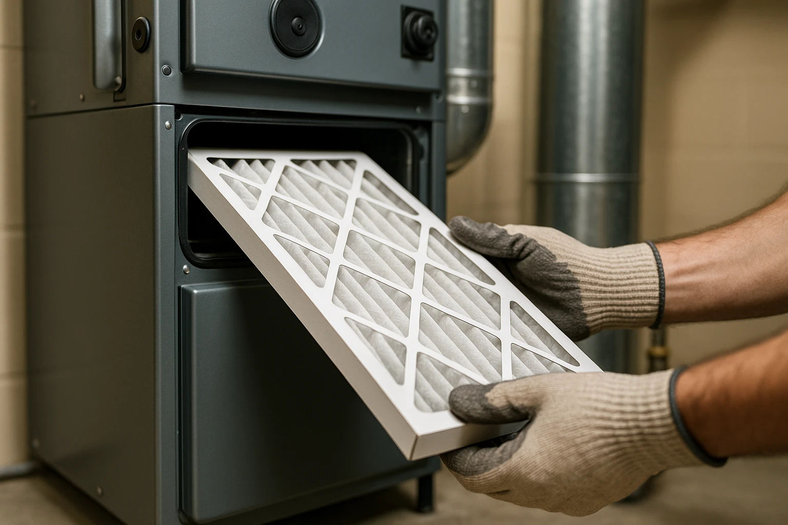 Replacing a dirty HVAC furnace filter to prepare for winter.