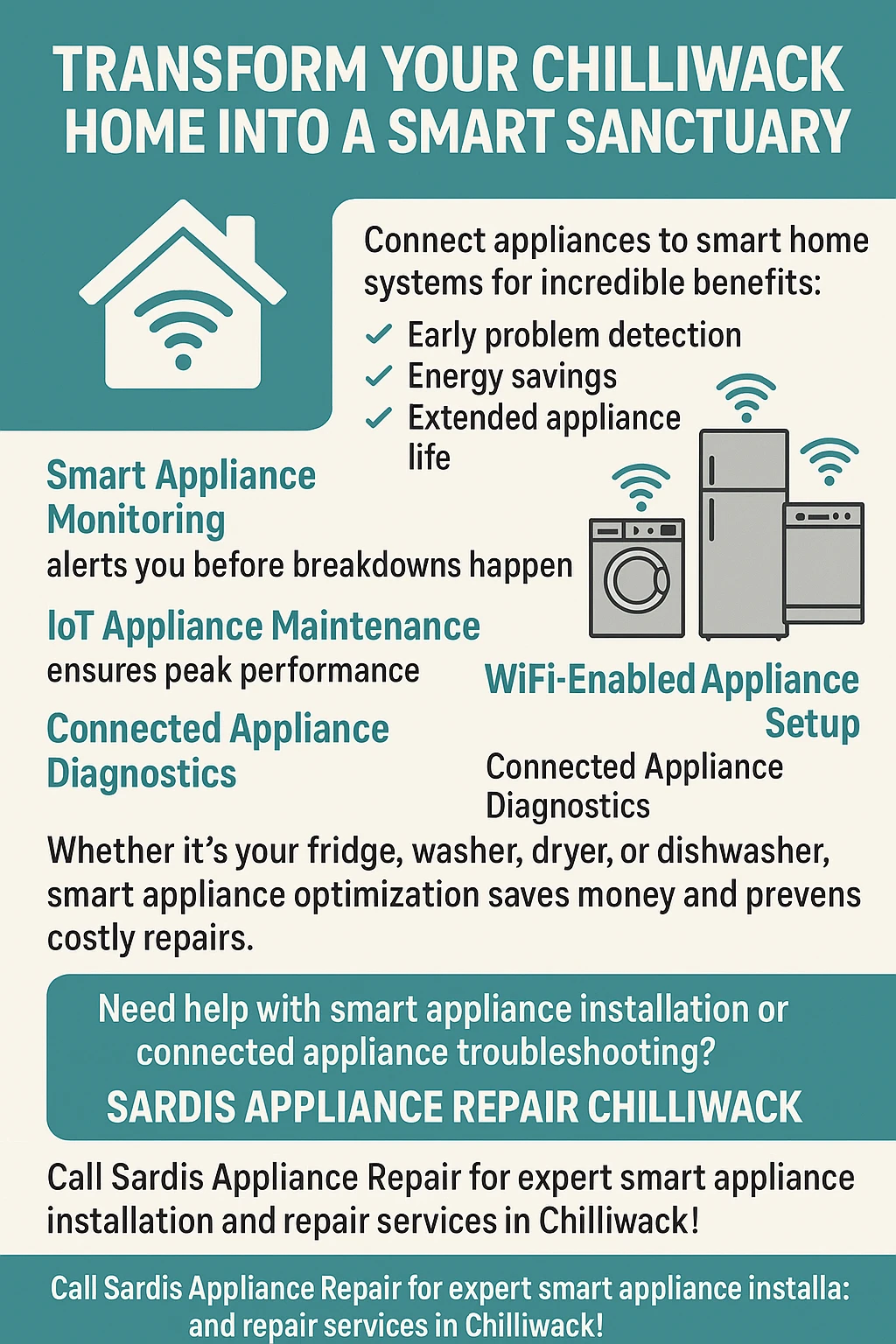 Infographic detailing the benefits of smart home appliance integration, including convenience, energy savings, and enhanced security for Chilliwack homes.