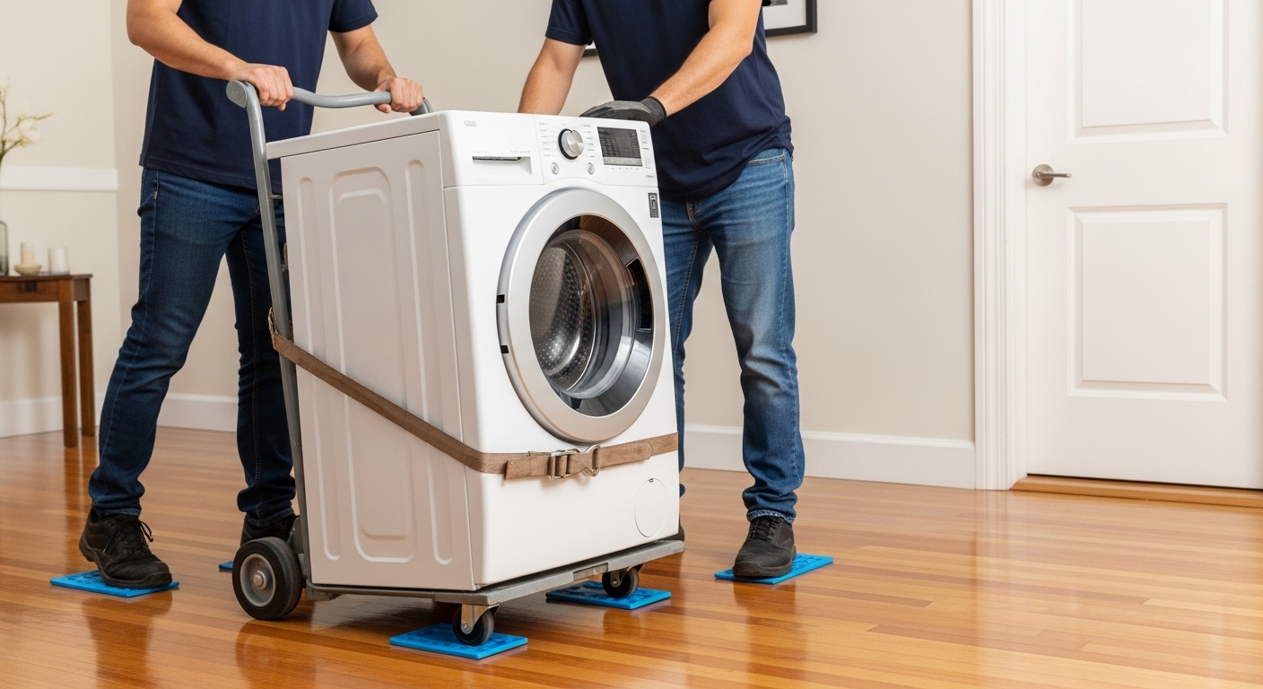 Movers using a dolly and floor protection to move an appliance safely