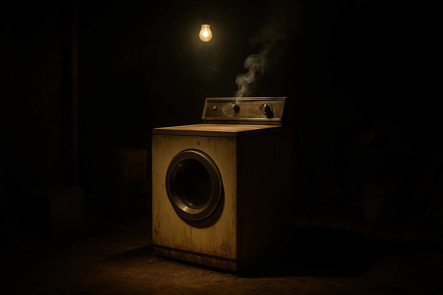 Old washing machine in a basement representing a fire hazard.