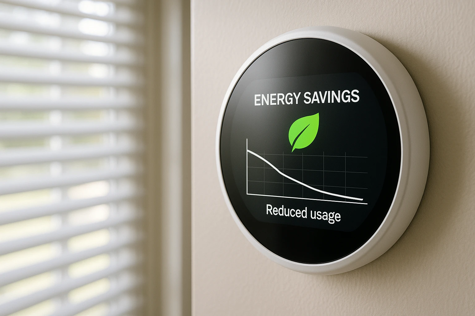 A modern smart thermostat on a wall, showcasing energy savings and efficient climate control features.