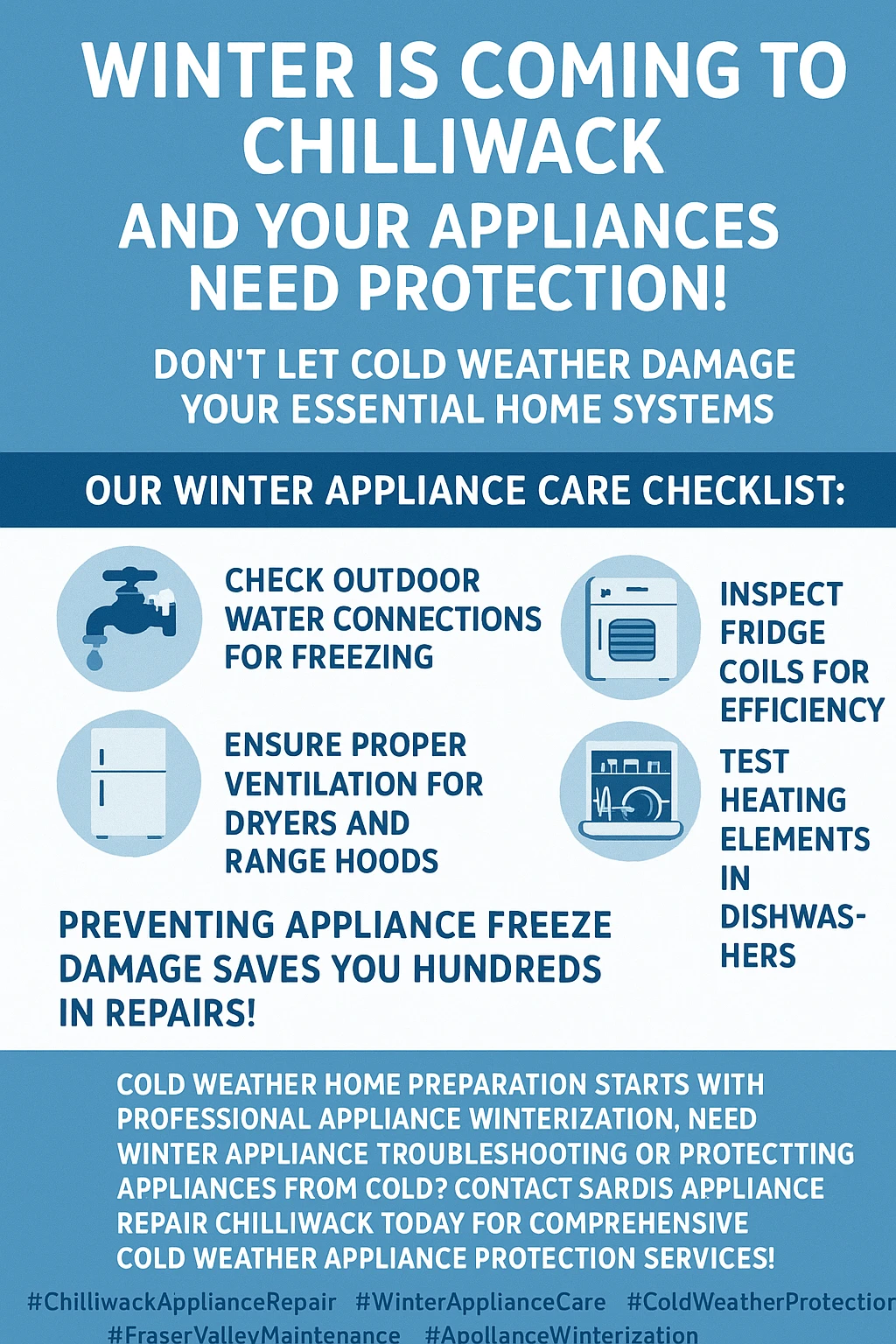 Infographic summarizing key takeaways for winter appliance preparation in Chilliwack.