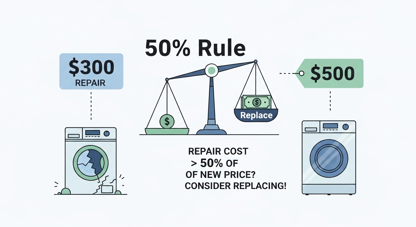 Infographic explaining the 50 percent rule for appliance repair decisions.