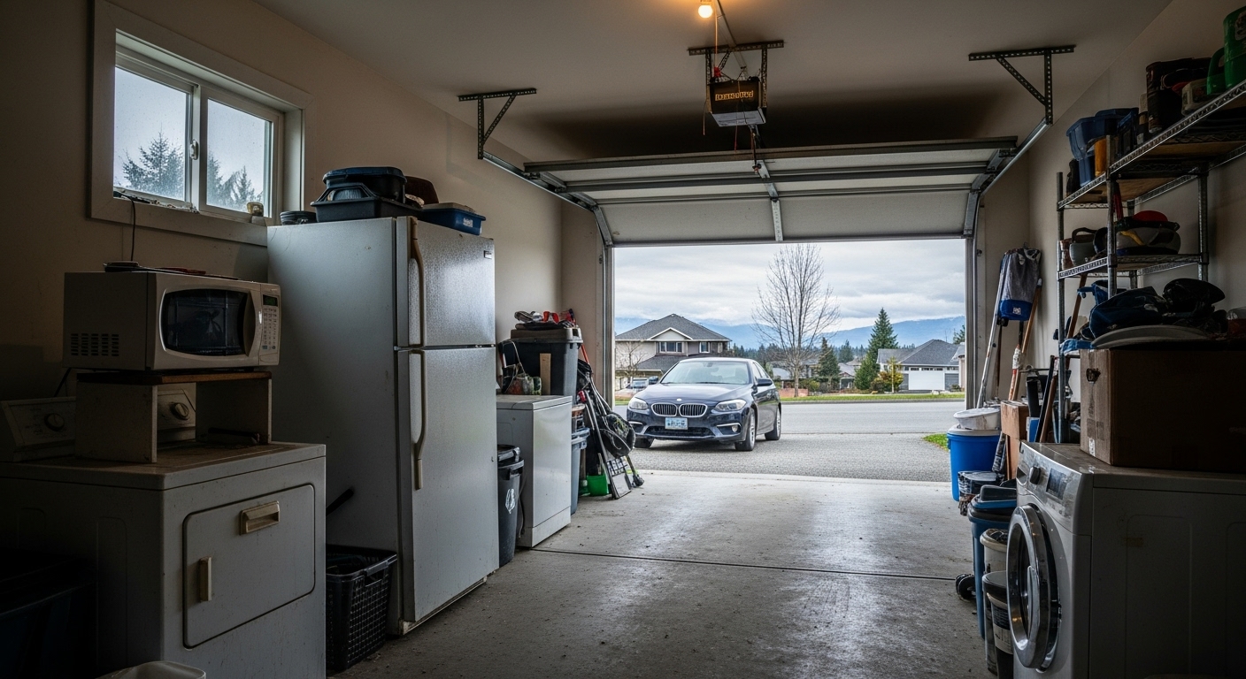A cluttered garage in Chilliwack filled with old, broken appliances.