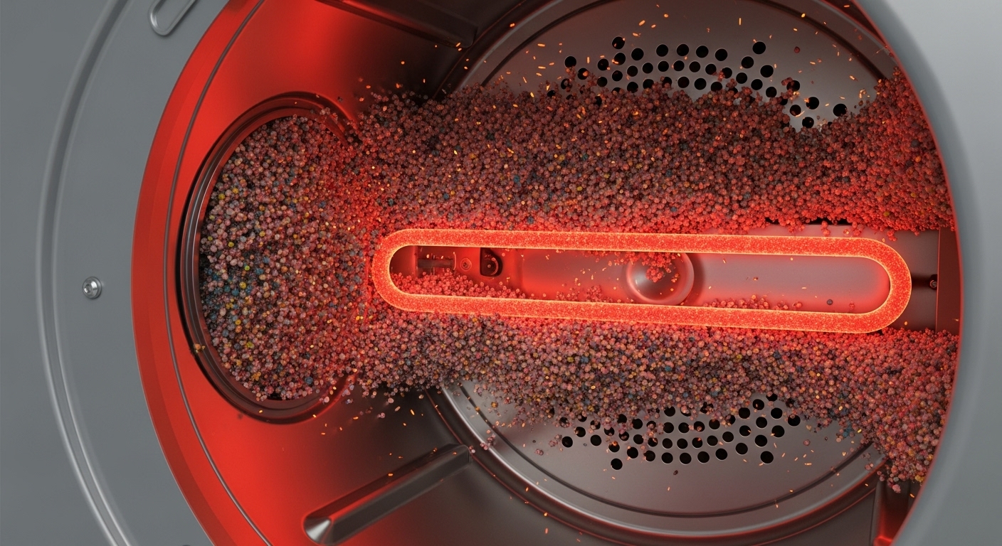 A large, dangerous accumulation of lint inside a clothes dryer, posing a serious fire risk.