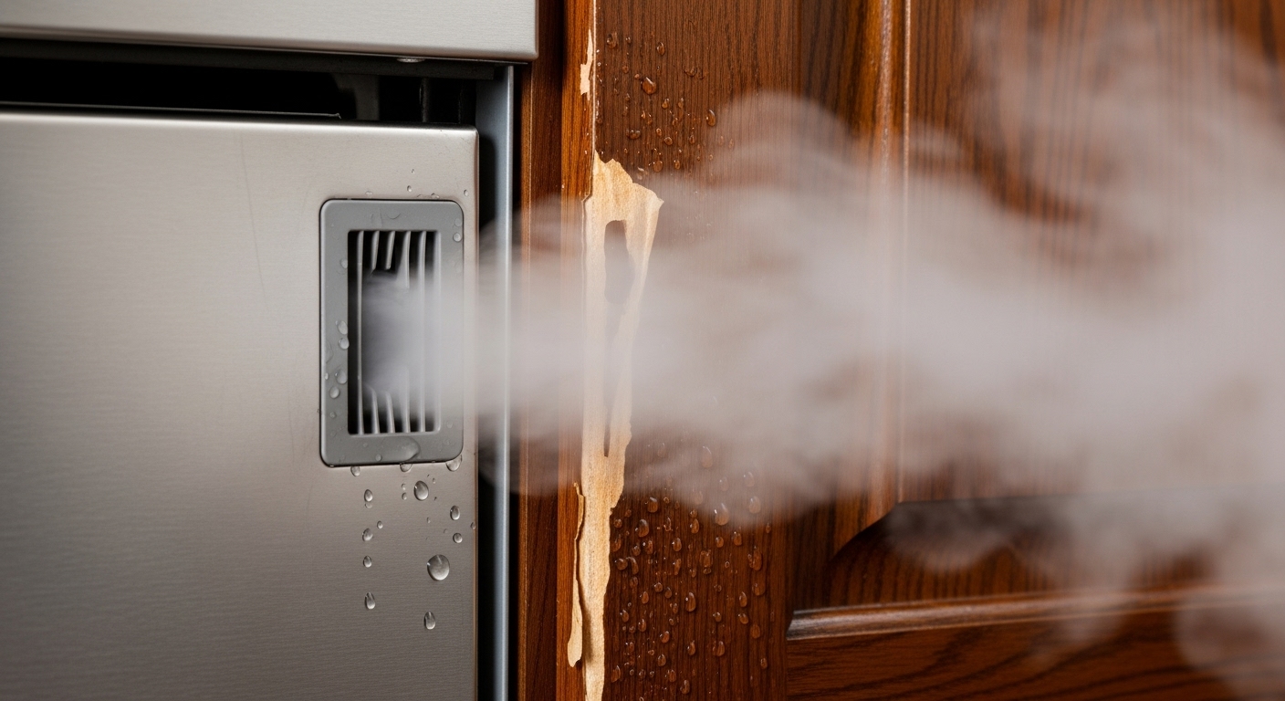 Steam from a dishwasher vent causing moisture damage to kitchen cabinets