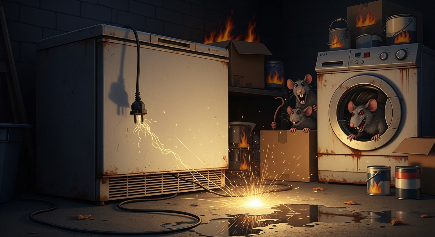 Illustration of fire and pest hazards caused by old appliances in a garage.