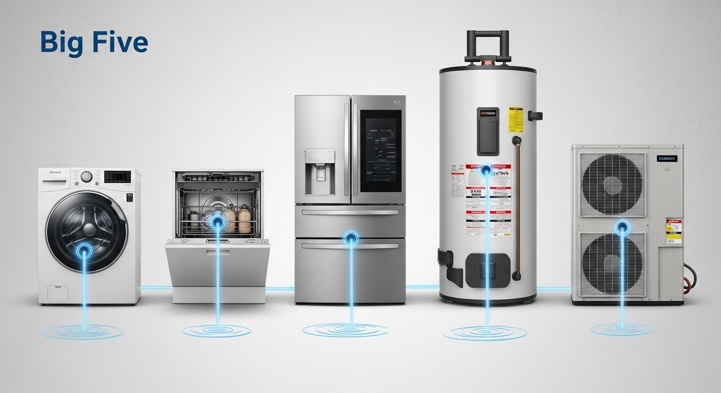 The five most common appliances responsible for home water damage: washing machine, refrigerator, dishwasher, water heater, and HVAC unit.