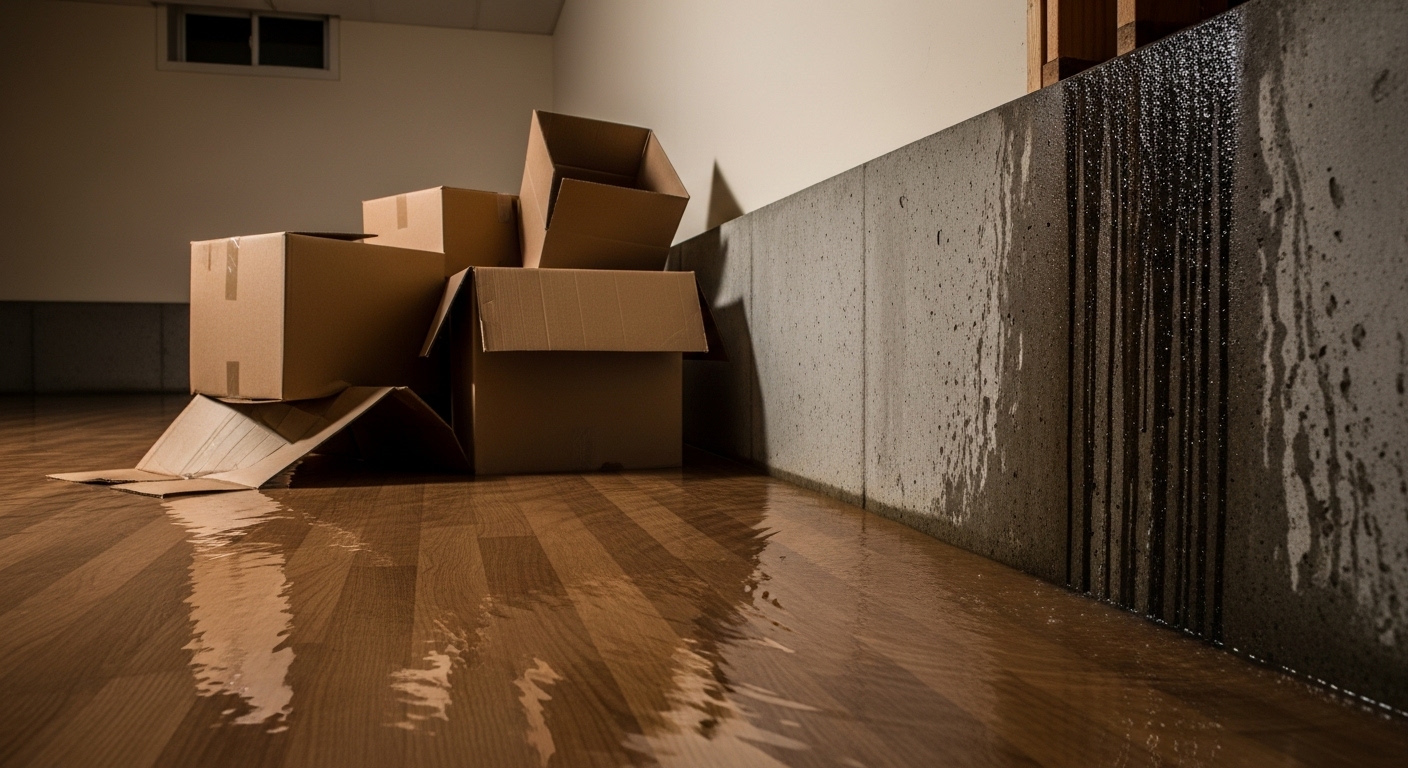 A flooded basement in Chilliwack showing severe water damage from a failed home appliance.