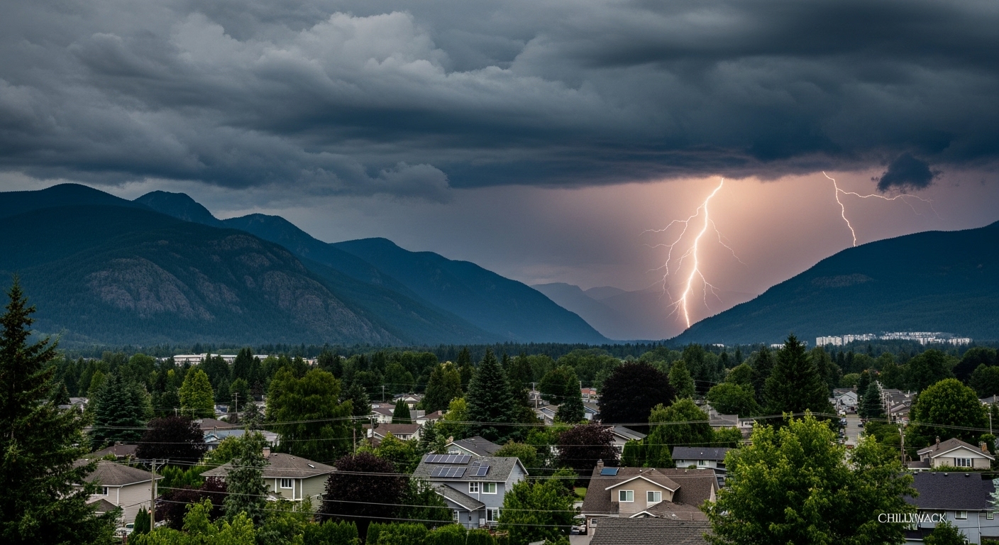 Dramatic thunderstorm with lightning over Chilliwack homes in the Fraser Valley