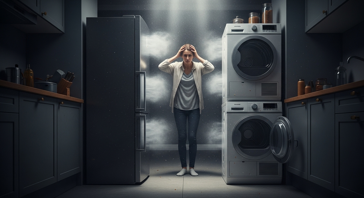 Frustrated homeowner looking at failing home appliances.