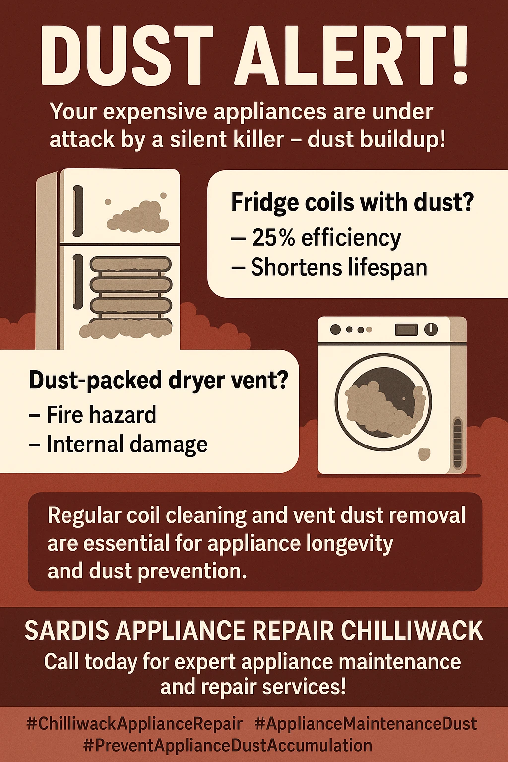 Infographic detailing key takeaways for preventing appliance dust buildup in Chilliwack.