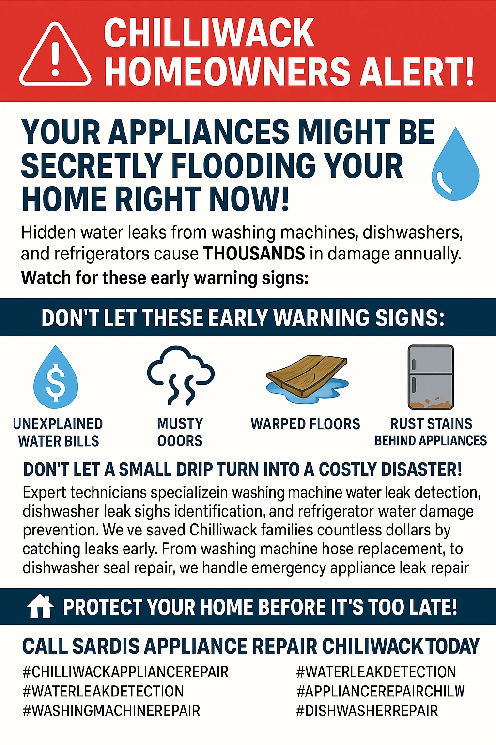 Infographic illustrating key takeaways about appliance water leaks in Chilliwack homes.
