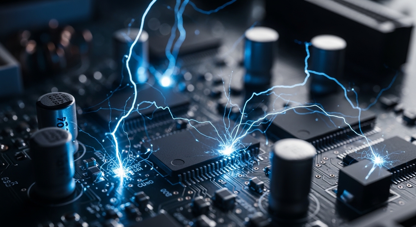 Closeup of a micro-surge damaging an appliance circuit board with a spark
