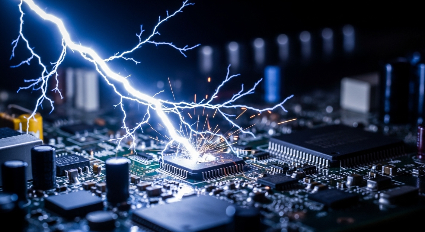 Diagram showing a power surge damaging the electronics of an appliance
