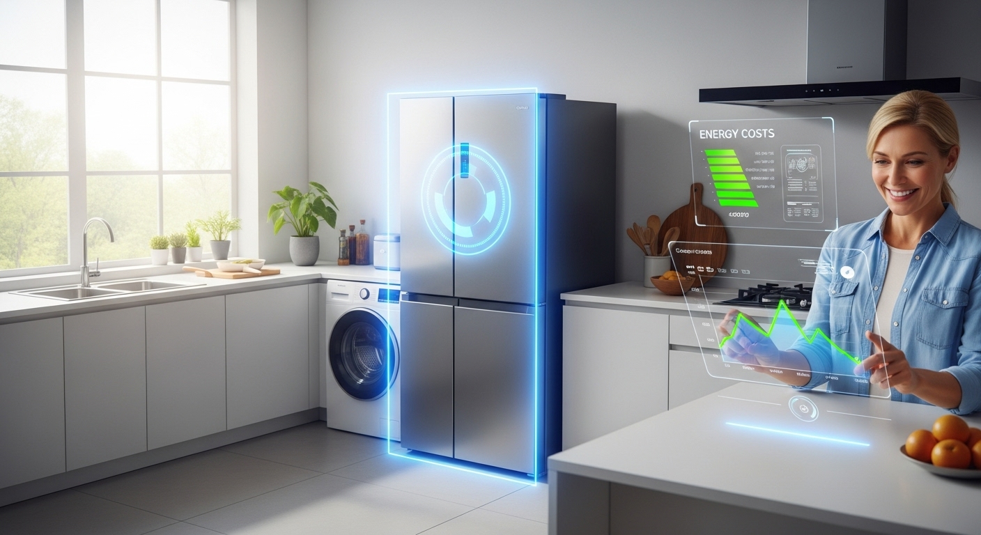 Smart home concept showing energy savings icons above appliances