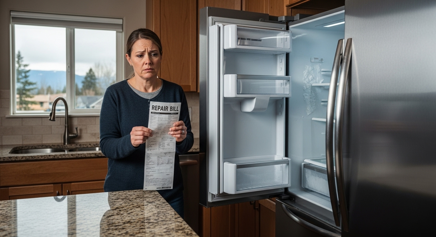 A person looking worried at a high repair bill, representing the high cost of out-of-warranty appliance repair