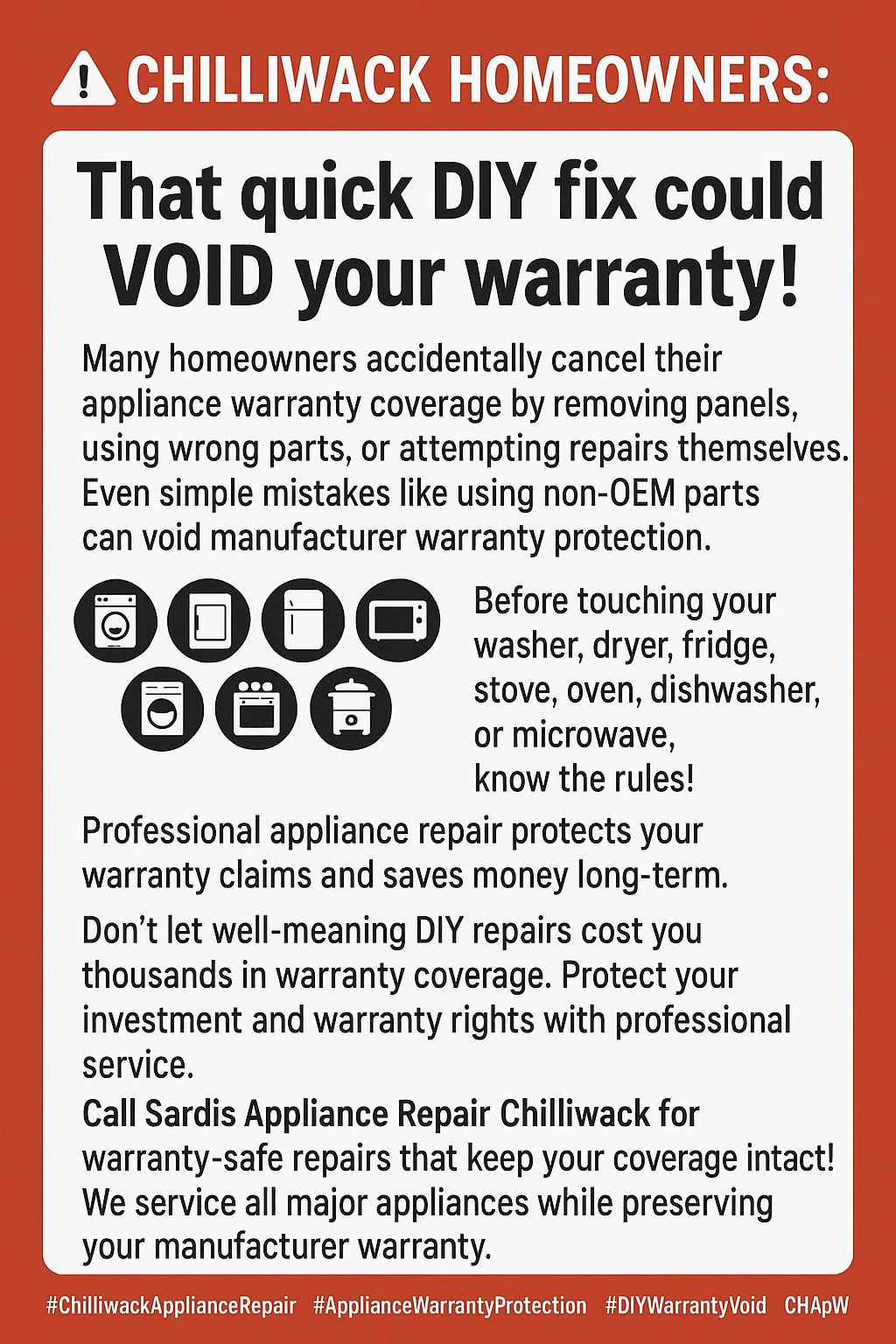 Infographic summarizing how to void an appliance warranty in Chiliwack