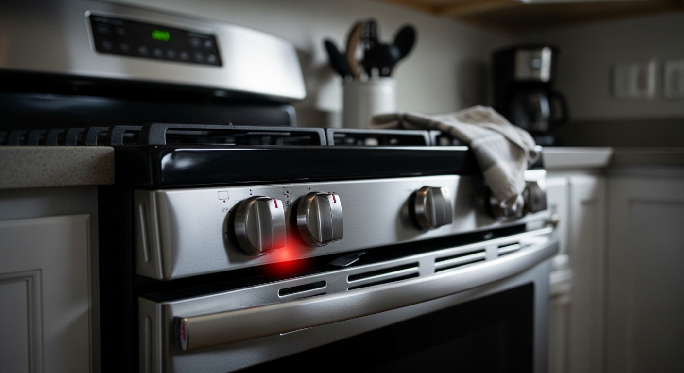 A kitchen range with a fire burning on the stovetop, illustrating a fire hazard.