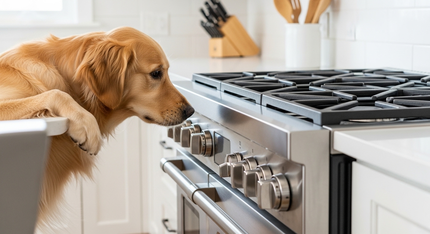A pet near a stove, representing the danger of accidental activation of burner knobs.