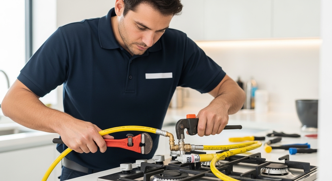 A professional appliance technician safely connecting a gas line to a new stove