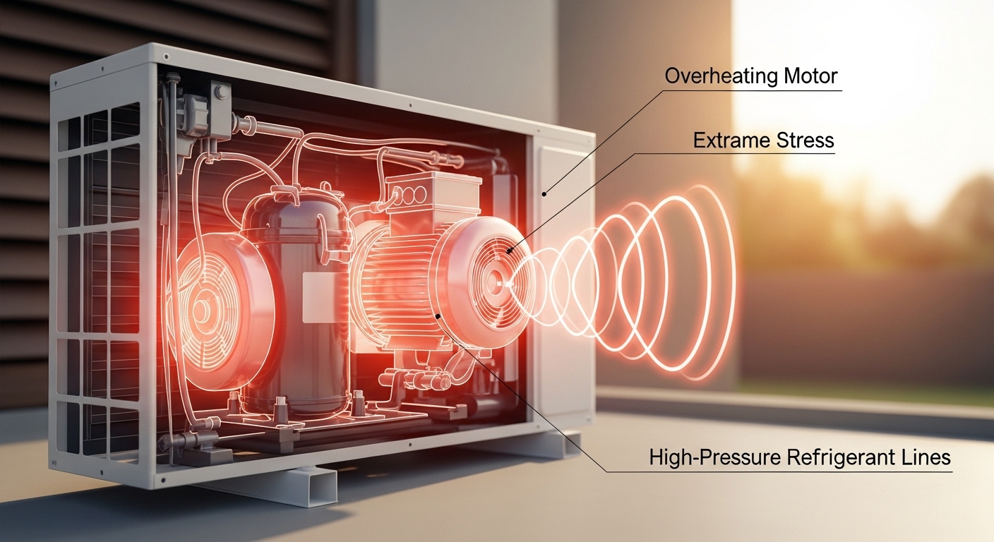 Outdoor air conditioning unit's compressor working hard under extreme heat stress