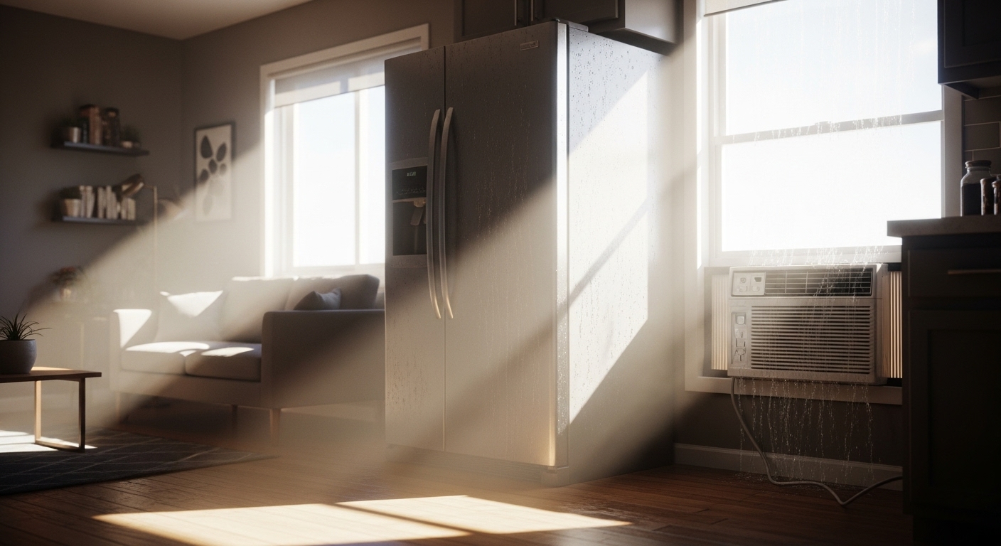 Home appliances like a refrigerator and air conditioner under stress during a summer heat wave