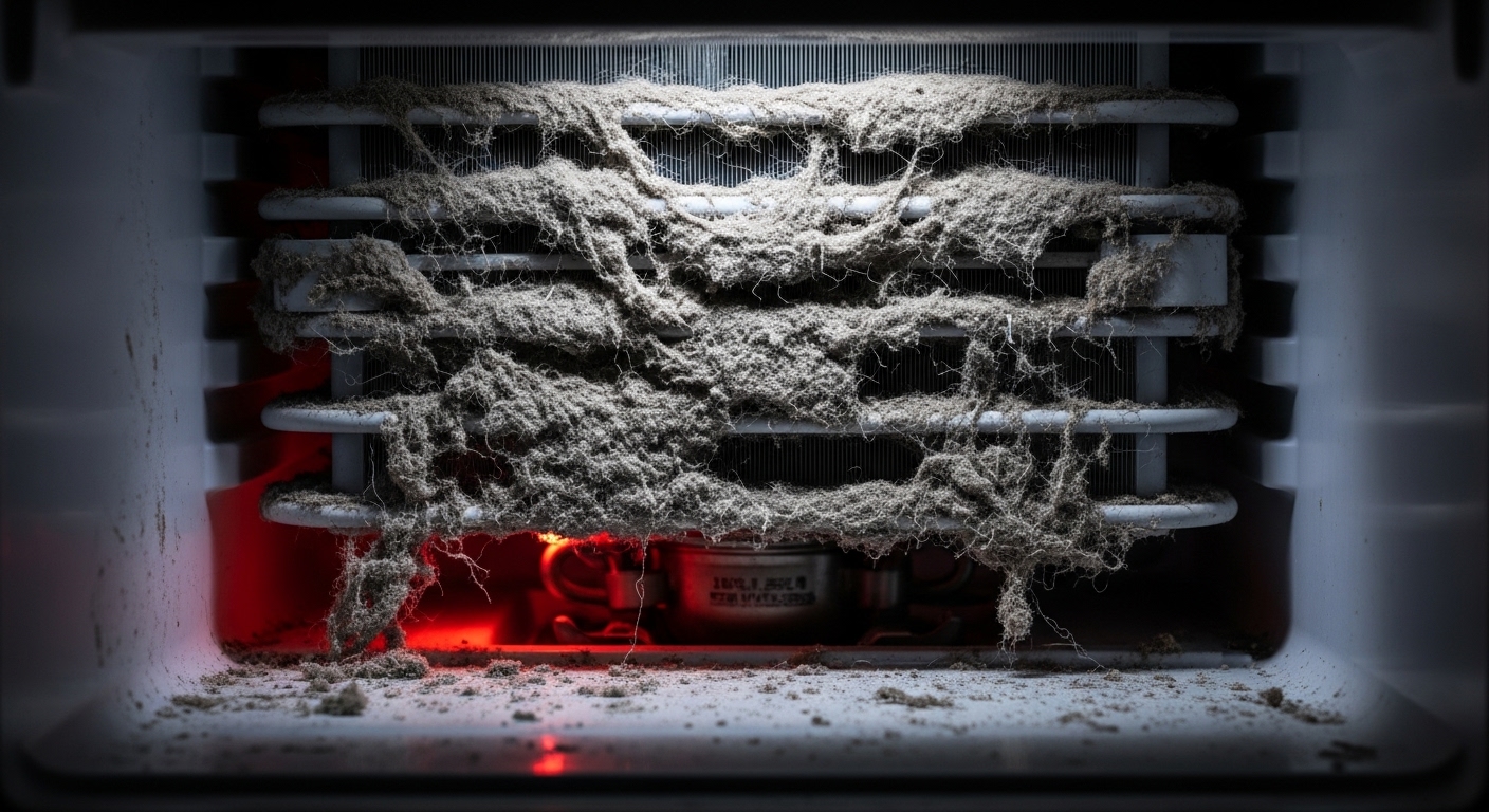 Close-up of dirty and dusty refrigerator condenser coils causing the appliance to overheat