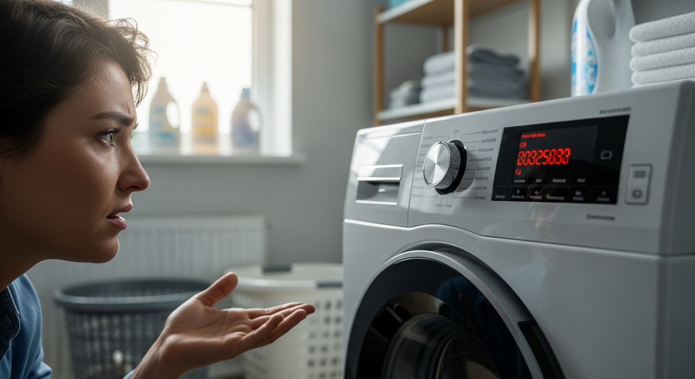 Frustrated homeowner looking at a cryptic error code on their appliance.