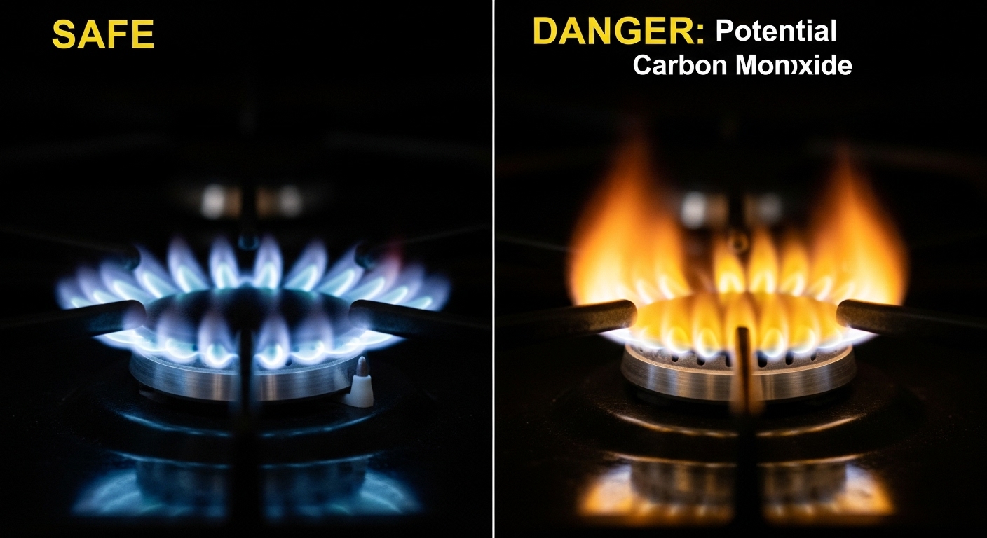 Gas stove showing yellow flames, a warning sign of carbon monoxide