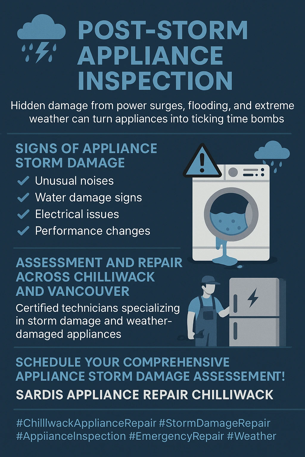 Infographic summarizing key takeaways about appliance damage from storms in Chilliwack