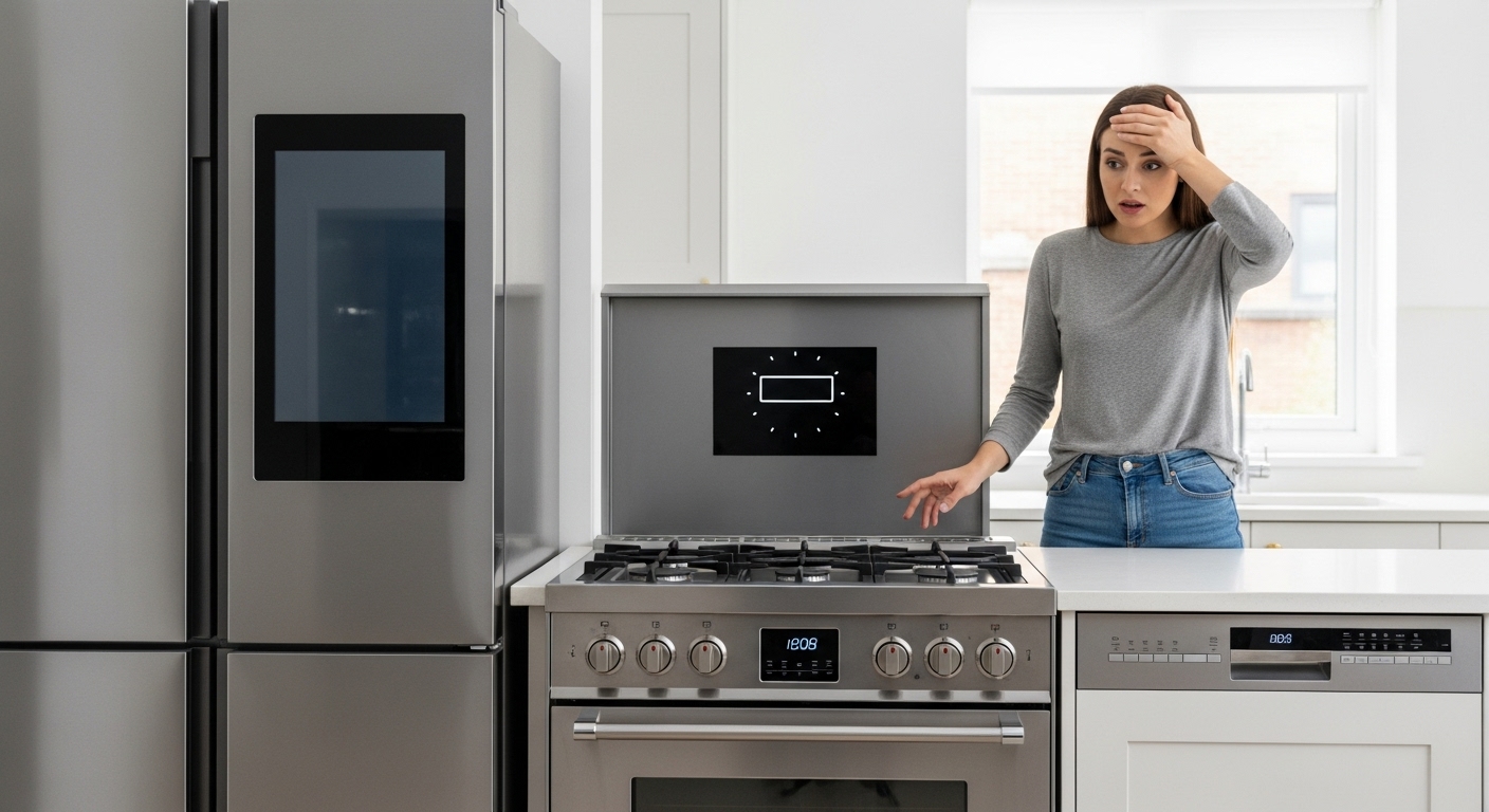 A modern kitchen where the refrigerator, dishwasher, and stove have all broken down at once.