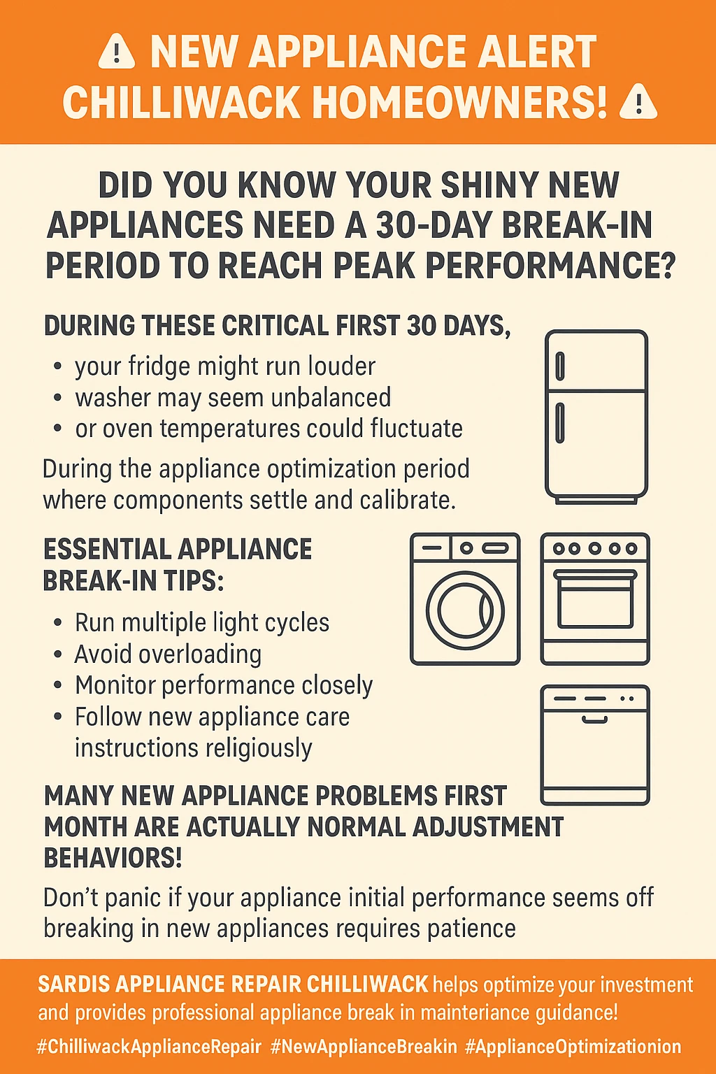 Infographic summarizing the key takeaways of a new appliance break-in period.