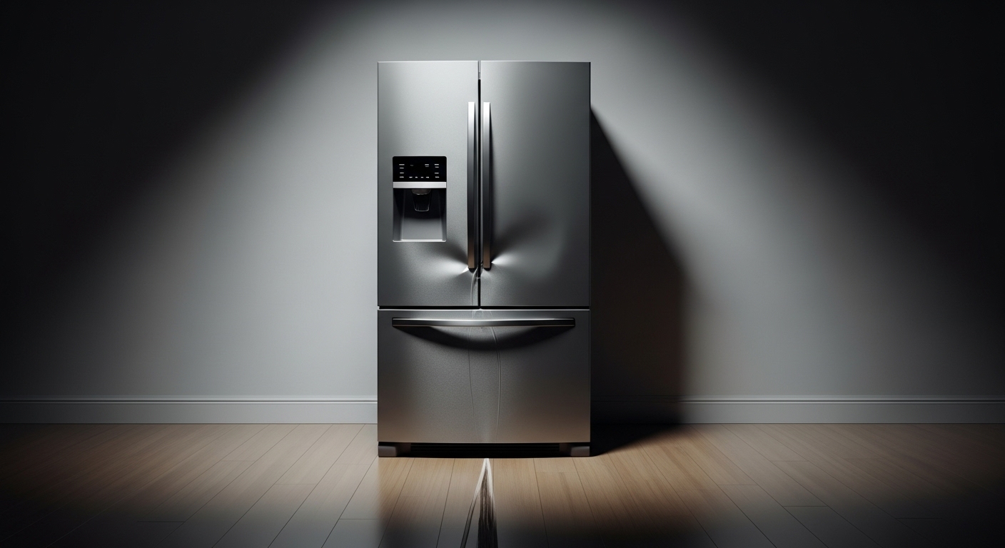 New stainless steel refrigerator with a large dent, damaged during a move.