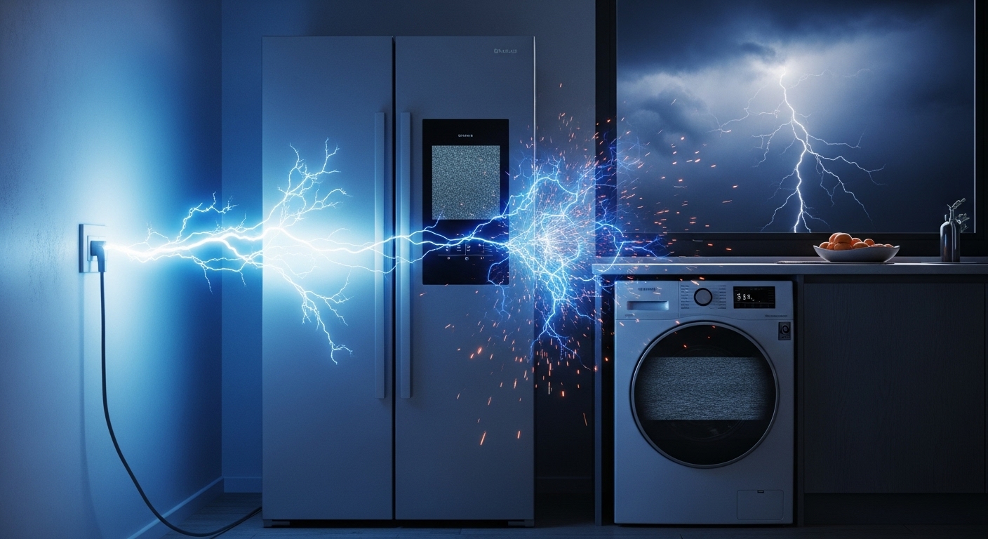 Illustration of a power surge damaging various home appliances.