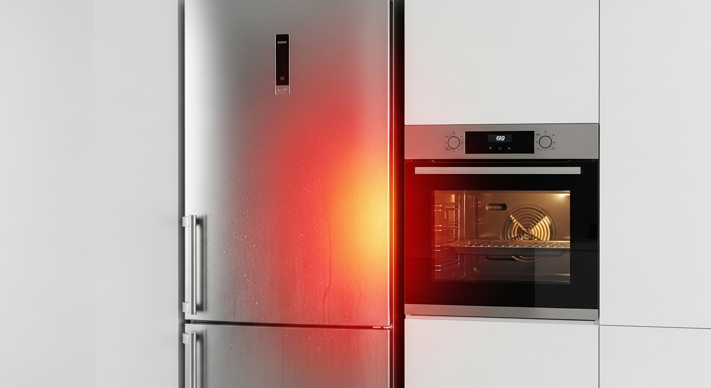 Example of a common kitchen appliance placement mistake: a refrigerator placed directly next to an oven.