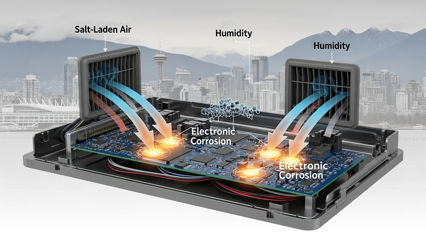 Diagram illustrating how salt air and humidity cause appliance corrosion in coastal climates like Vancouver.
