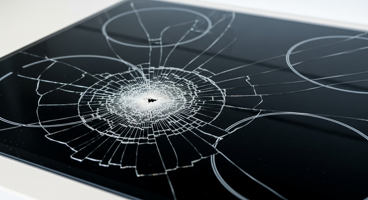 A shattered black glass cooktop, spiderwebbed with cracks from moving damage.