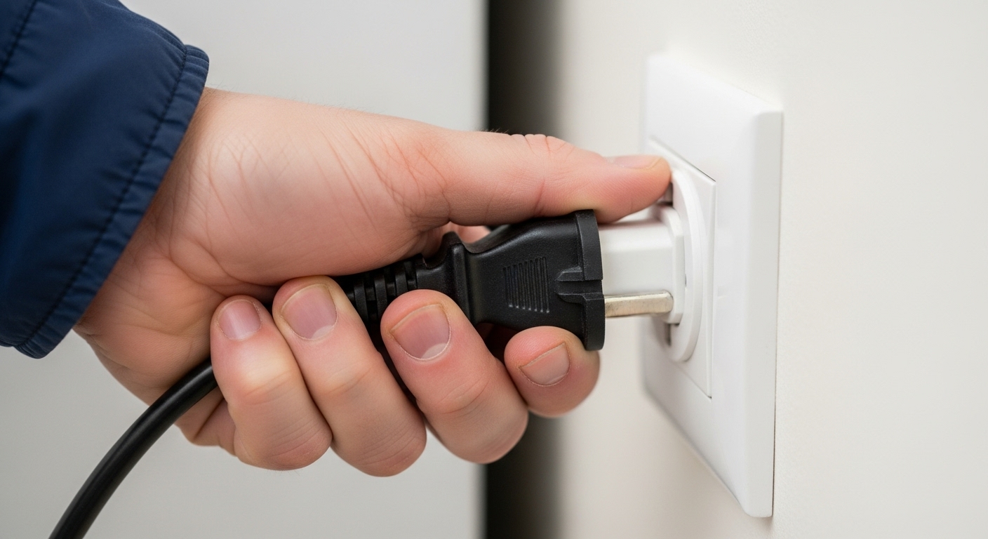 Hand unplugging an appliance cord from a wall outlet for a power cycle reset.