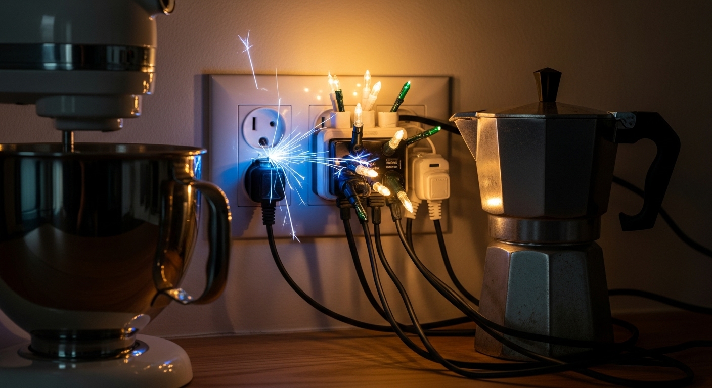 An overloaded electrical outlet with multiple plugs and holiday lights.
