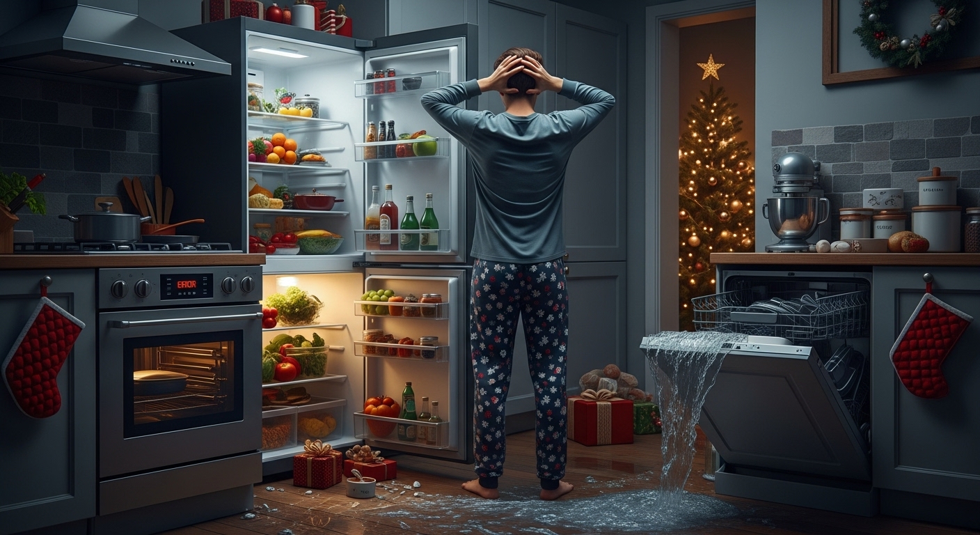 A kitchen in disarray during the holidays, symbolizing an appliance nightmare.