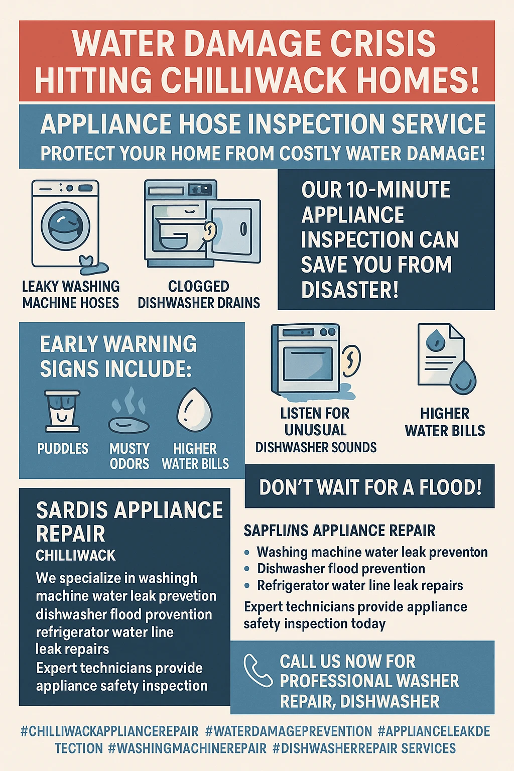 Infographic with key takeaways on preventing appliance water damage in Chiliwack.