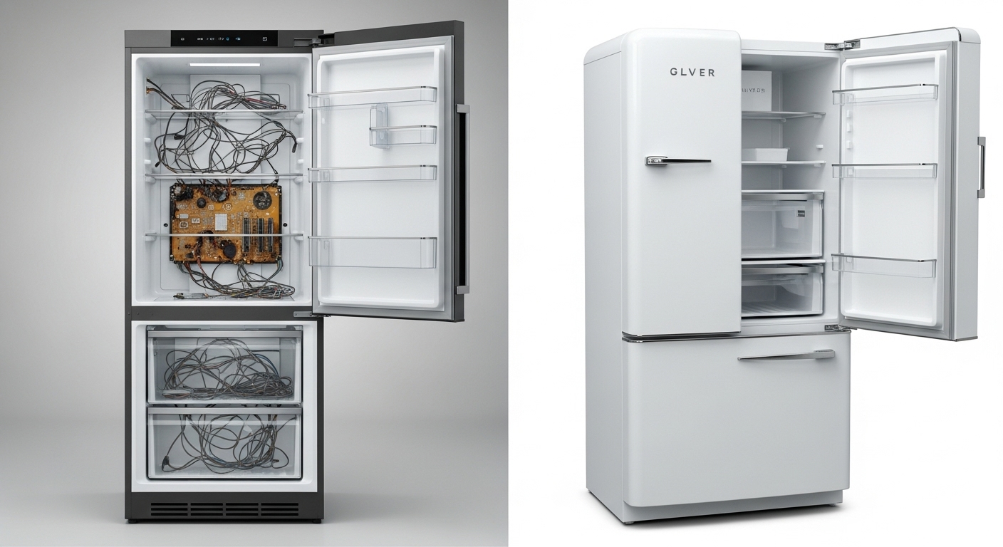 A split image showing a modern kitchen appliance and a vintage one, comparing their durability.
