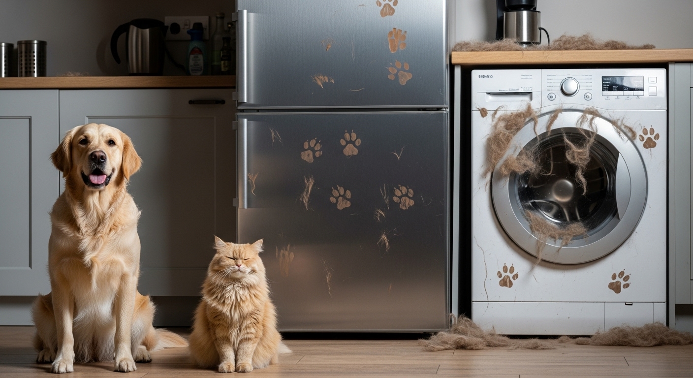Dog scratching a stainless steel kitchen appliance, causing pet damage.