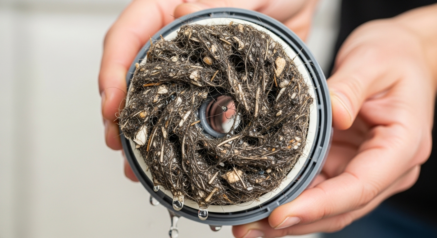 Washing machine pump filter completely clogged with pet hair and debris.