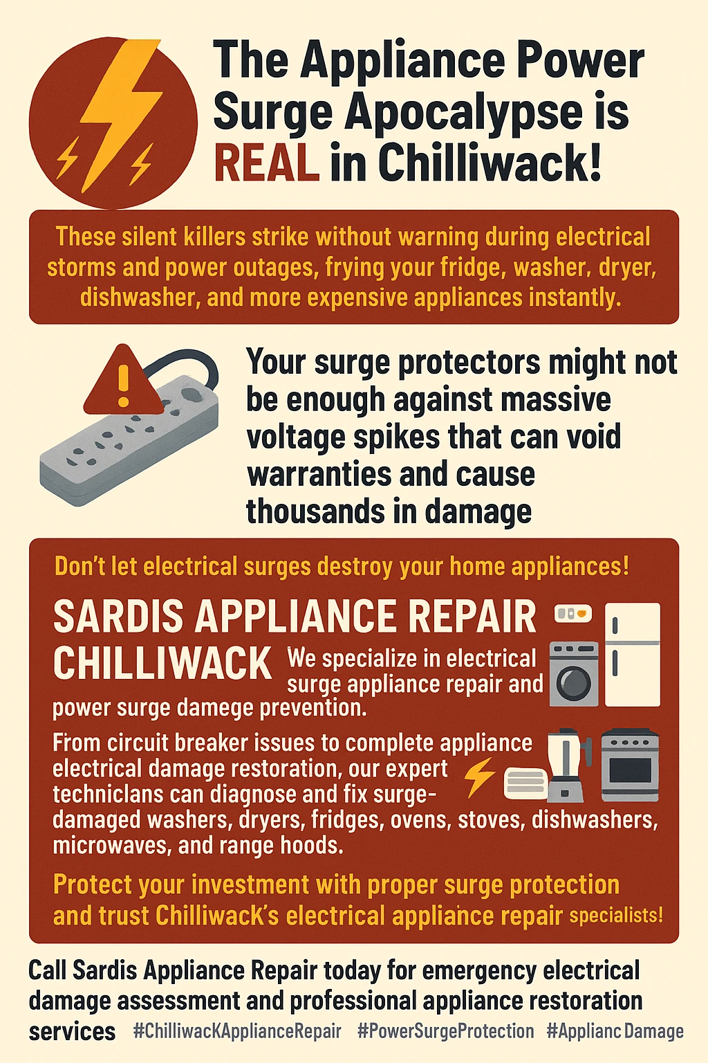 Appliance power surge damage Chilliwack key takeaways infographic